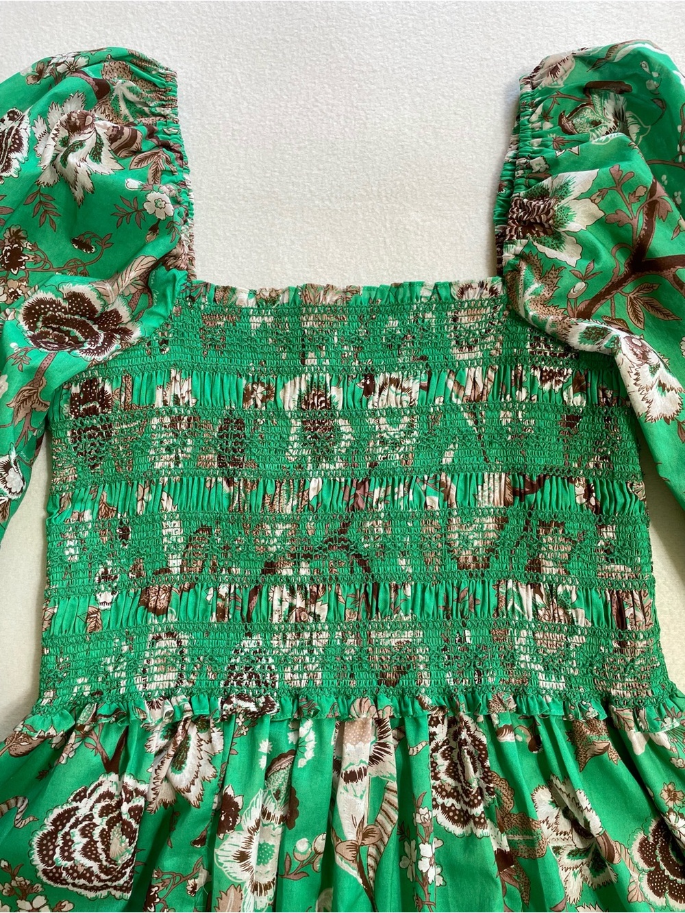 Cara Cara Jazzy Midi Dress Green Floral Smocked Puff Sleeve Cotton Cottagecore - Picture 12 of 16